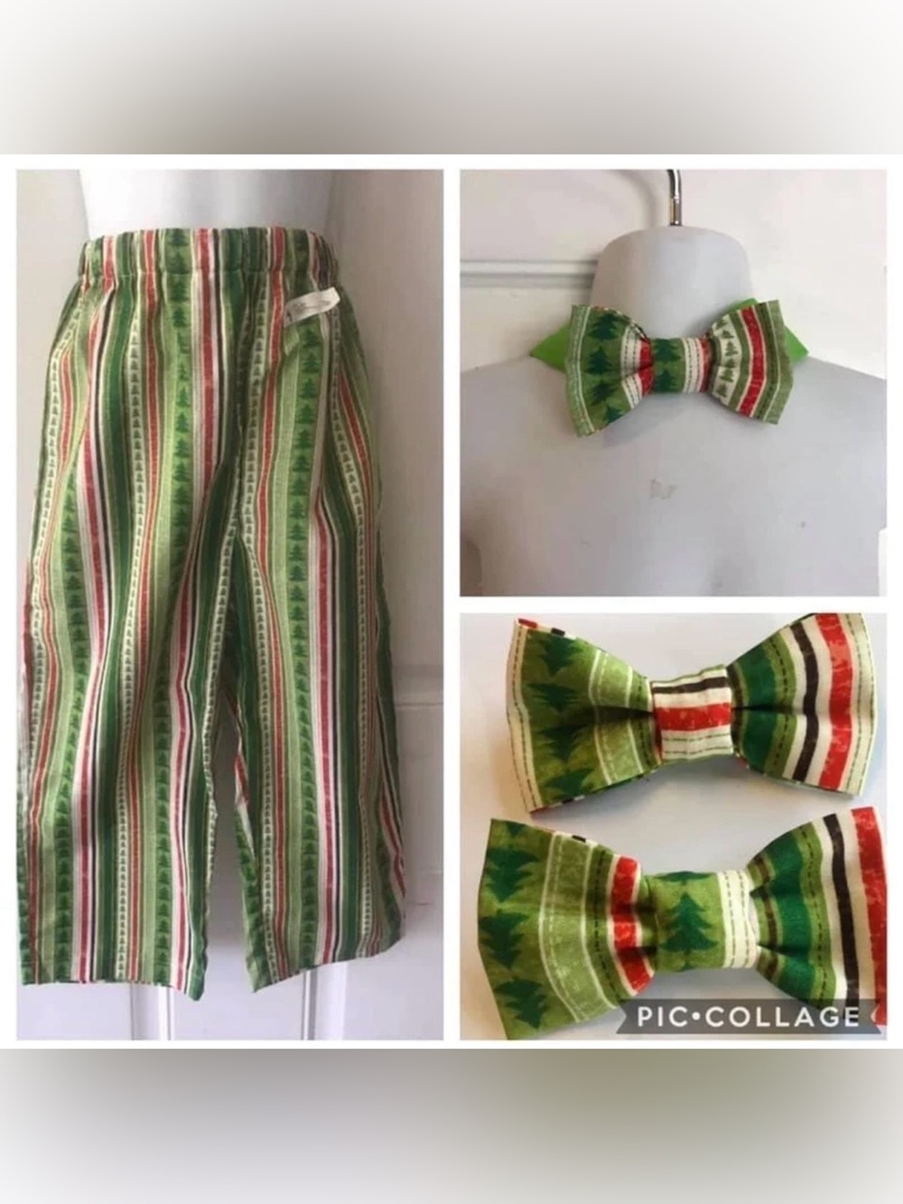 NWOT Unisex size 4 Custom Sewn red/green stripe trees Christmas pants/bows